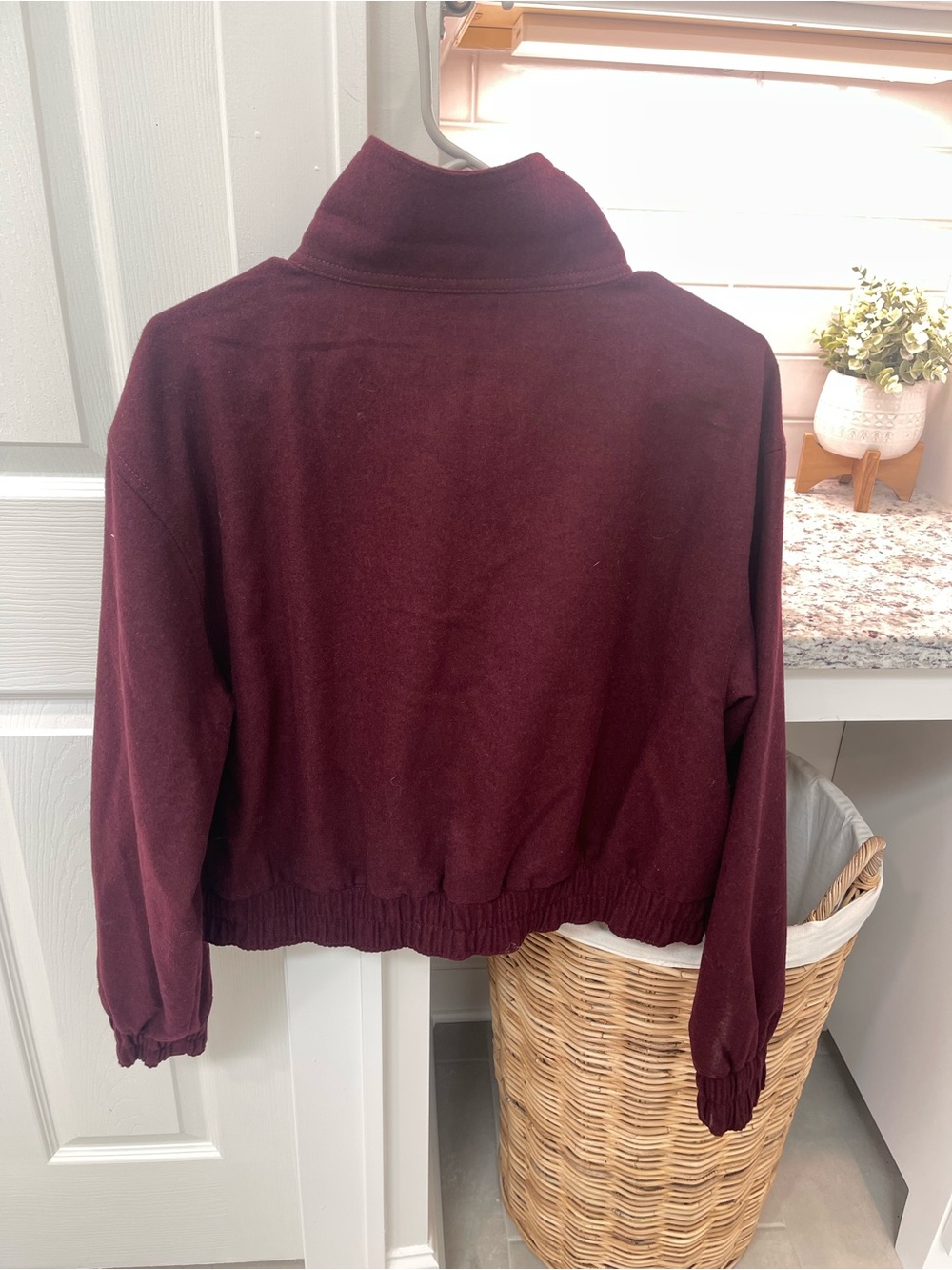 NWT LOFT Wool Blend Bomber Jacket Burgundy Melange Cropped Size Medium - Picture 5 of 5